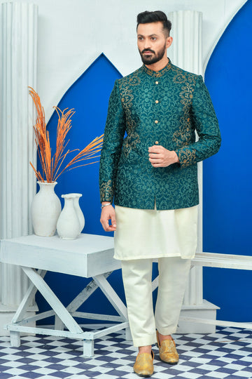 Royal Green Zari Embroidered Prince Coat For Men